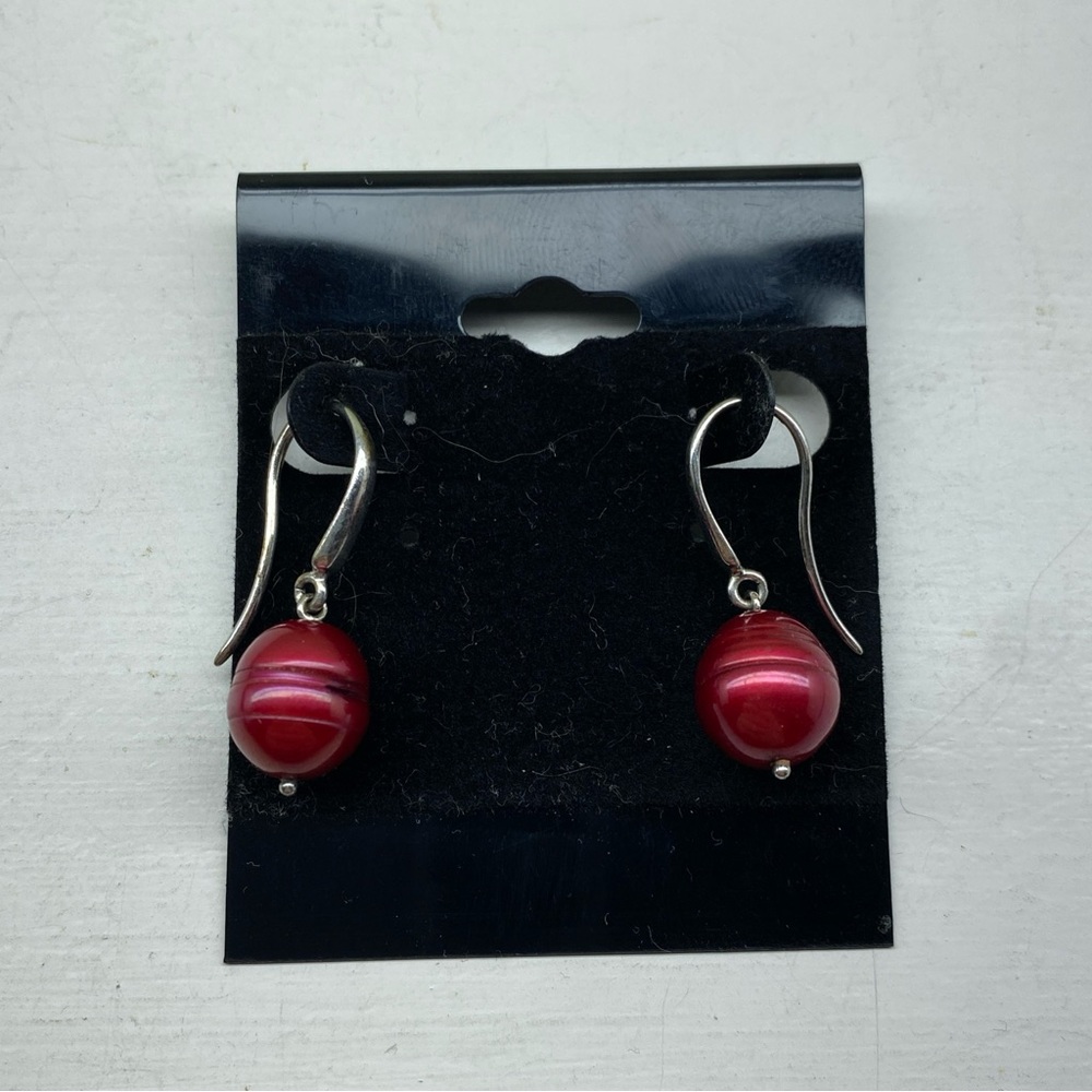 Sterling Silver 925 Cranberry Red Pearl Drop / Dangle Earrings